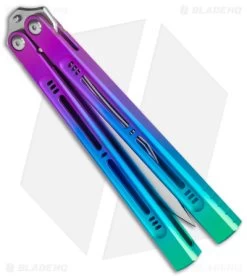 Heibel Knives Menace Balisong Knife Spectrum Titanium (4.6" Satin) #087 -The Family Tools Shop Heibel Knives Menace Balisong Ti rainbow BHQ 147582 jr side