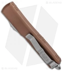 Microtech Ultratech T/E OTF Automatic Knife Tan CC (3.4" Stonewash Serr) -The Family Tools Shop Microtech Ultratech TE OTF Auto Tan CC SW Serr 123 11TA BHQ 88639 jr side