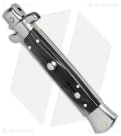 SKM AB 9" Italian Stiletto Kris Automatic Knife Buffalo Horn (3.8" Satin) -The Family Tools Shop SKM AB 9in Italian stiletto kriss buffalo horn satin BHQ 74903 er spine